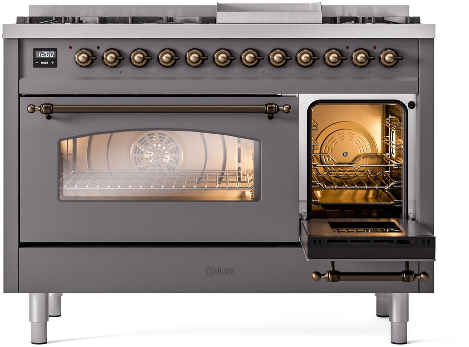 ILVE Nostalgie II 48" Dual Fuel Liquid Propane Range, Matte Graphite, Bronze Trim UP48FNMPMGBLP