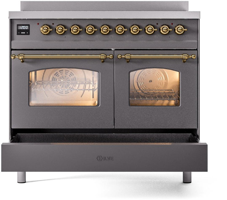 ILVE Nostalgie II 40" Electric Range, Matte Graphite, Brass Trim UPDI406NMPMGG