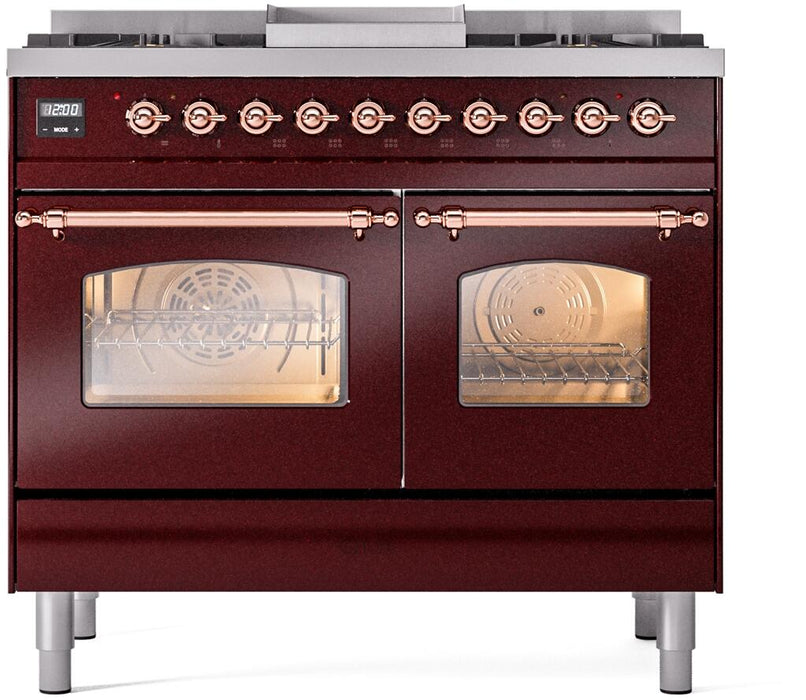 ILVE Nostalgie II 40" Dual Fuel Liquid Propane Range, Burgundy, Copper Trim UPD40FNMPBUPLP