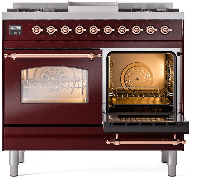 ILVE Nostalgie II 40" Dual Fuel Liquid Propane Range, Burgundy, Copper Trim UPD40FNMPBUPLP