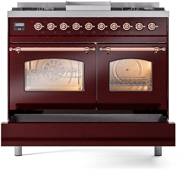ILVE Nostalgie II 40" Dual Fuel Liquid Propane Range, Burgundy, Copper Trim UPD40FNMPBUPLP