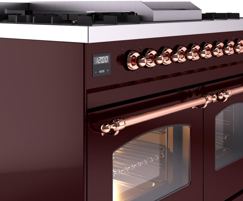 ILVE Nostalgie II 40" Dual Fuel Liquid Propane Range, Burgundy, Copper Trim UPD40FNMPBUPLP