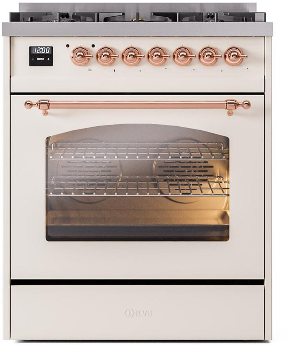ILVE Nostalgie II 30" Dual Fuel Liquid Propane Range, Antique White, Copper Trim UP30NMPAWPLP