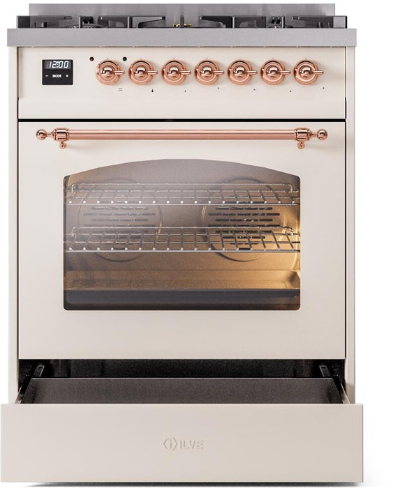 ILVE Nostalgie II 30" Dual Fuel Natural Gas Range, Antique White, Copper Trim UP30NMPAWP