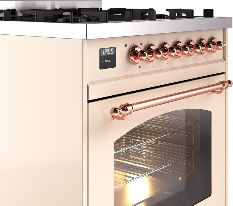 ILVE Nostalgie II 30" Dual Fuel Liquid Propane Range, Antique White, Copper Trim UP30NMPAWPLP