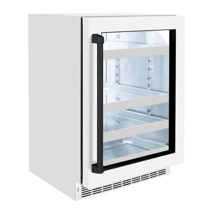 ZLINE 24" Touchstone 151 Can Beverage Fridge White Matte Glass Door Matte Black Handle RBSOZ-WM-24-MB