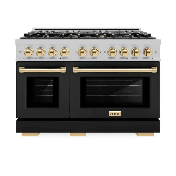 ZLINE 48" Select Dual Fuel Range Gas Cooktop Electric Convection Oven DuraSnow® Stainless Steel Black Matte Door Gold HDRSZ-BLM-48-G