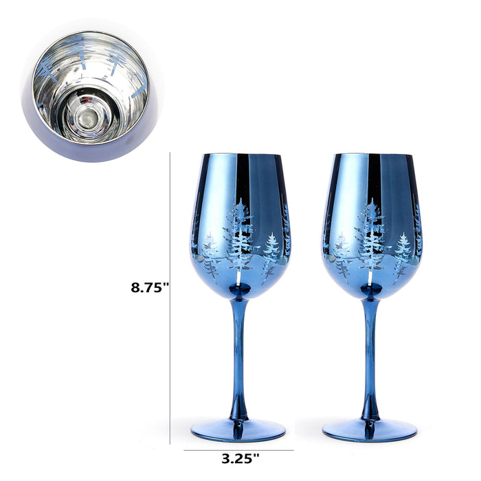 Crystal Christmas Tree Stemmed Wine & Water Glasses - Set of 2 - Holiday Themed Vibrant Blue Etched Winter Snow Wonderland Frosted Glass, Perfect For Seasonal Parties, Gifts for Him & Her Trees Décor