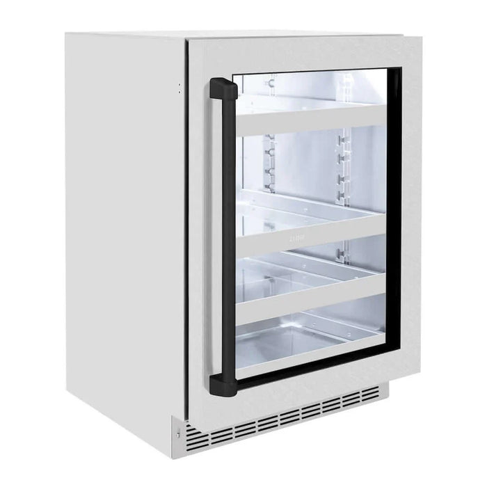 ZLINE 24" Touchstone 151 Can Beverage Fridge DuraSnow® Stainless Steel Glass Door Matte Black Handle RBSOZ-SN-24-MB