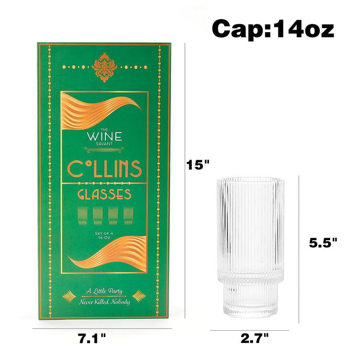 Vintage Art Deco Crystal Highball Ribbed Glass Set of 4 - Ripple, Collins Glassware 14oz Classic Crystal Cocktail Glasses Perfect for Water, Champagne, Beer, Juice, Tom Cocktails - Barware Tumblers