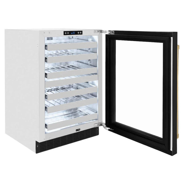 ZLINE 24" Touchstone Dual Zone 44 Bottle Wine Cooler Black Matte Glass Door Polished Gold Handle RWDOZ-BLM-24-G