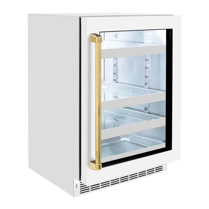 ZLINE 24" Touchstone 151 Can Beverage Fridge White Matte Glass Door Polished Gold Handle RBSOZ-WM-24-G