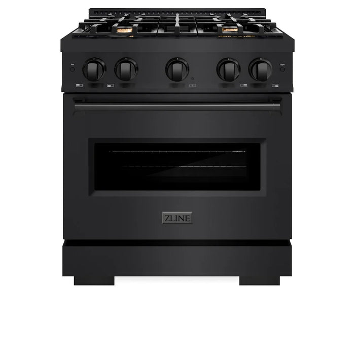 ZLINE 30" Dual Fuel Range, Gas Cooktop, Electric Convection Oven Black Stainless Steel Brass Burners, CDRB-BR-30