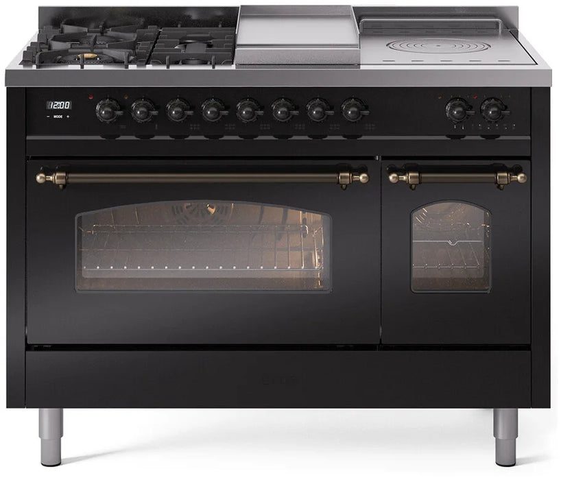 ILVE Nostalgie II 48"  Dual Fuel Natural Gas Range Glossy Black Bronze Trim UP48FSNMPBKB