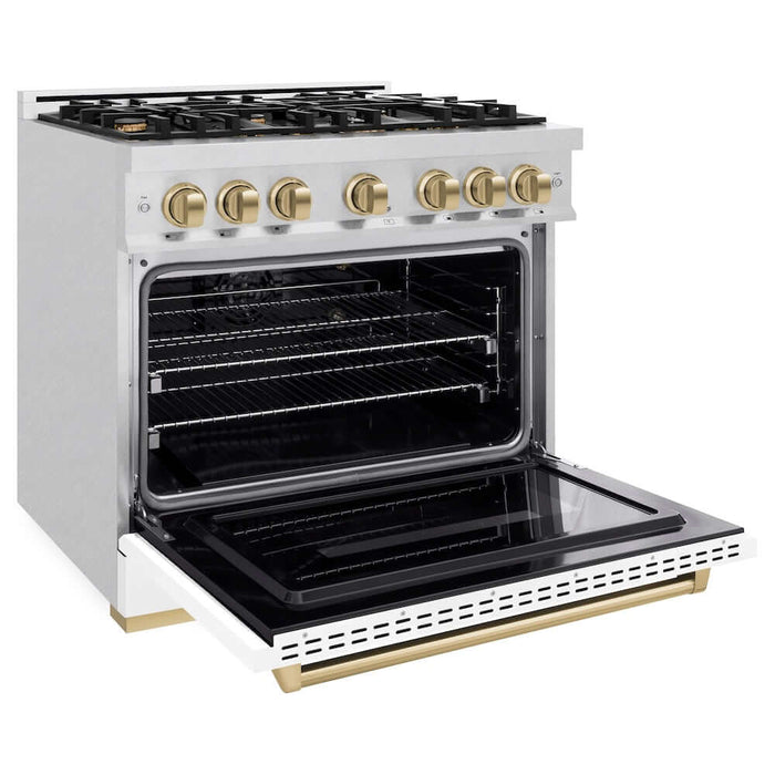 ZLINE 36"Classic Gas Range, Convection Gas Oven, DuraSnow® Stainless Steel, White Matte Door Polished Gold CGRSZ-WM-36-G