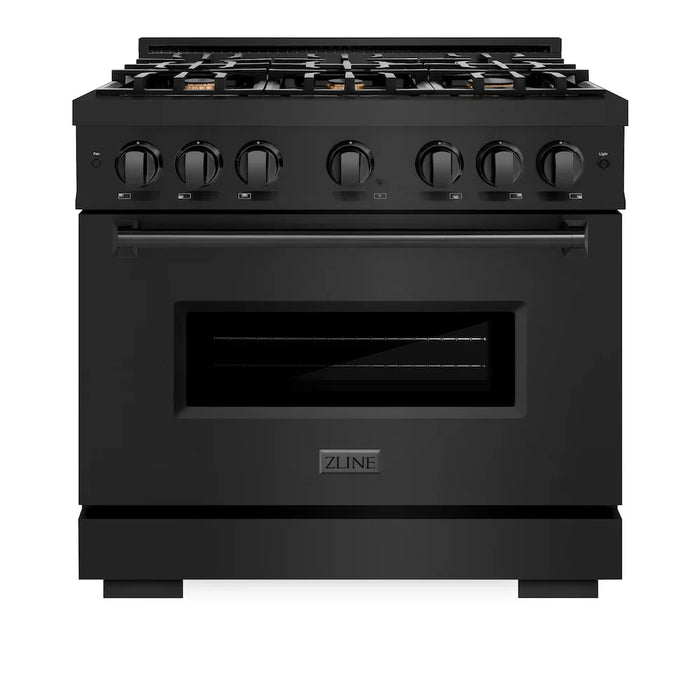 ZLINE 36" Dual Fuel Range, Gas Cooktop, Electric Convection Oven Black Stainless Steel Brass Burners, CDRB-BR-36