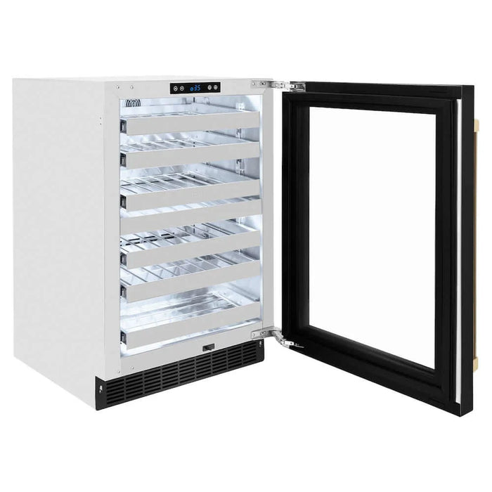ZLINE 24" Touchstone Dual Zone 44 Bottle Wine Cooler Black Stainless Steel Glass Door Polished Gold Handle  RWDOZ-BS-24-G