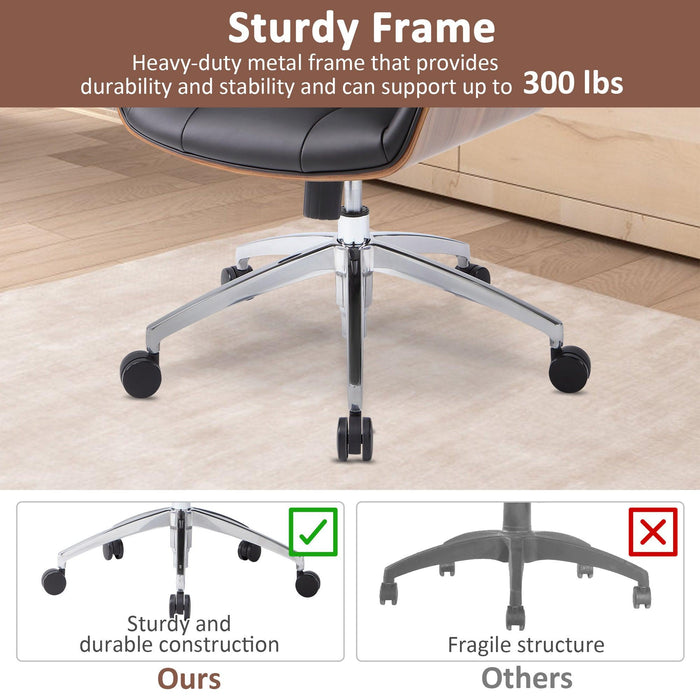 Executive Office Chair with Adjustable Height and Tilt, Solid Wood Arms and Base, 360° Swivel - Leather Office Chair, Black