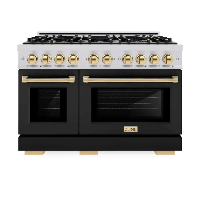 ZLINE 48" Select Gas Range Convection Gas Oven Stainless Steel Black Matte Doors Gold HGRZ-BLM-48-G