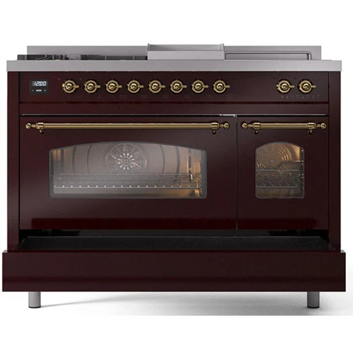 ILVE Nostalgie II 48"  Dual Fuel Natural Gas Range Burgundy Brass Trim UP48FSNMPBUG