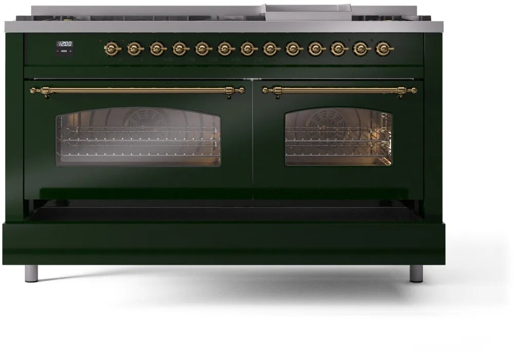 ILVE Nostalgie II 60" Dual Fuel Natural Gas Range, Emerald Green, Brass Trim UP60FNMPEGG