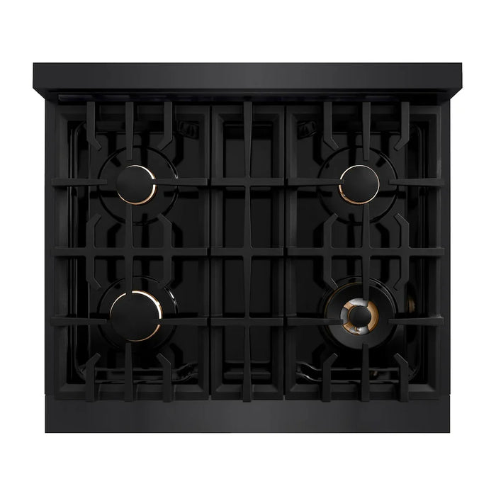 ZLINE 30" Dual Fuel Range, Gas Cooktop, Electric Convection Oven Black Stainless Steel, Gold CDRBZ-30-G