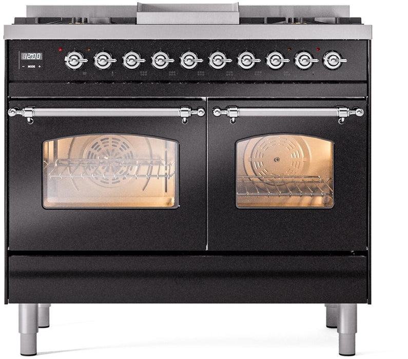 ILVE Nostalgie II 40" Dual Fuel Liquid Propane Range, Glossy Black, Chrome Trim UPD40FNMPBKCLP