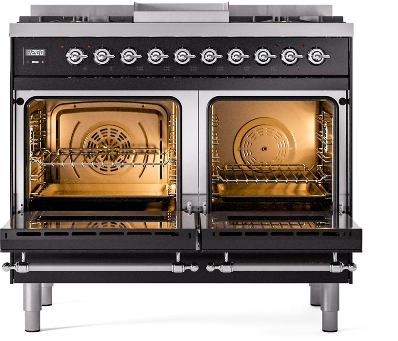 ILVE Nostalgie II 40" Dual Fuel Liquid Propane Range, Glossy Black, Chrome Trim UPD40FNMPBKCLP