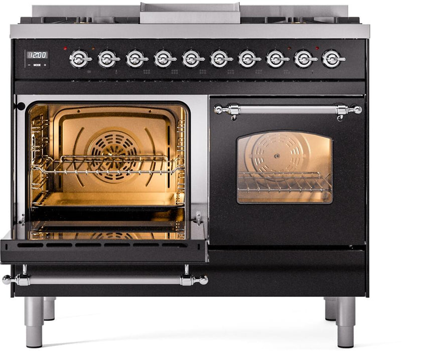 ILVE Nostalgie II 40" Dual Fuel Liquid Propane Range, Glossy Black, Chrome Trim UPD40FNMPBKCLP