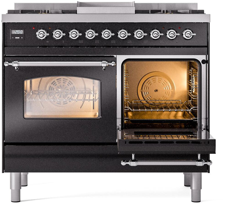 ILVE Nostalgie II 40" Dual Fuel Liquid Propane Range, Glossy Black, Chrome Trim UPD40FNMPBKCLP