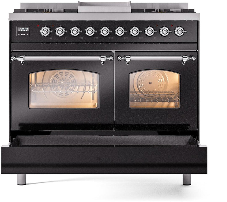 ILVE Nostalgie II 40" Dual Fuel Liquid Propane Range, Glossy Black, Chrome Trim UPD40FNMPBKCLP