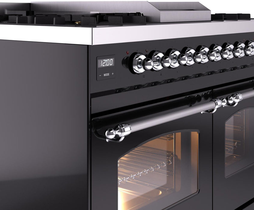 ILVE Nostalgie II 40" Dual Fuel Liquid Propane Range, Glossy Black, Chrome Trim UPD40FNMPBKCLP