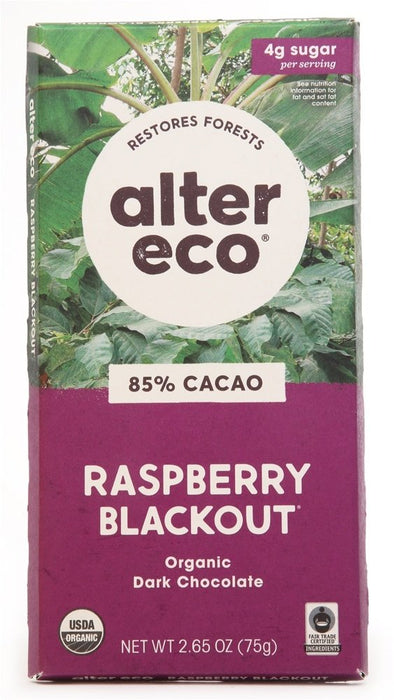 Alter Eco Dark Chocolate Raspberry Blkout 85% Cacao, 12 Pack of 2.65 oz Bars