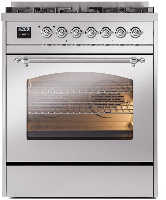 ILVE Nostalgie II 30" Dual Fuel Liquid Propane, Stainless Steel, Chrome Trim UP30NMPSSCLP