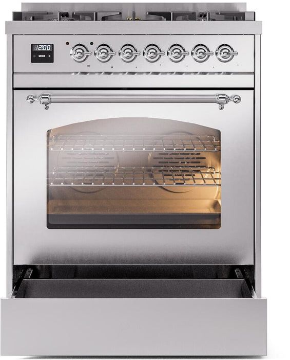 ILVE Nostalgie II 30" Dual Fuel Liquid Propane, Stainless Steel, Chrome Trim UP30NMPSSCLP