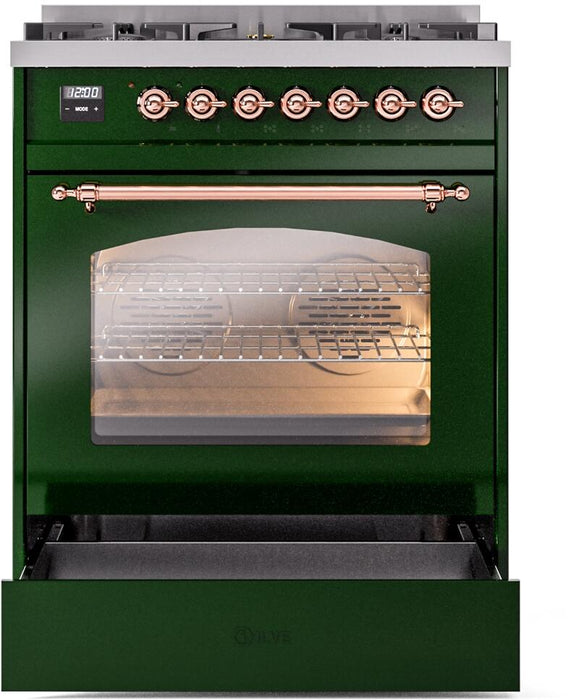 ILVE Nostalgie II 30" Dual Fuel Natural Gas Range, Emerald Green, Copper Trim UP30NMPEGP