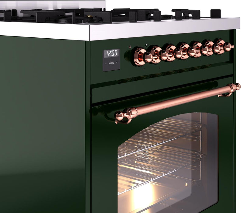 ILVE Nostalgie II 30" Dual Fuel Natural Gas Range, Emerald Green, Copper Trim UP30NMPEGP