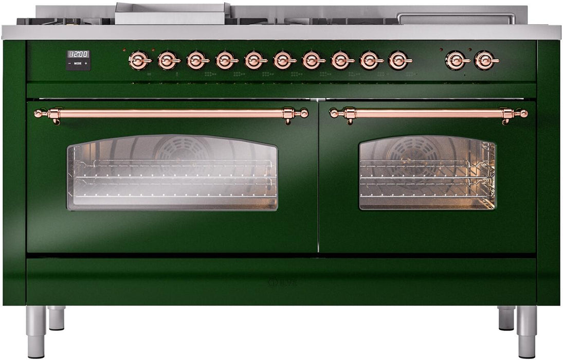 ILVE Nostalgie II 60" Dual Fuel Natural Gas Range, Emerald Green, Copper Trim UP60FSNMPEGP