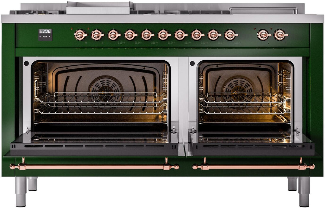ILVE Nostalgie II 60" Dual Fuel Natural Gas Range, Emerald Green, Copper Trim UP60FSNMPEGP