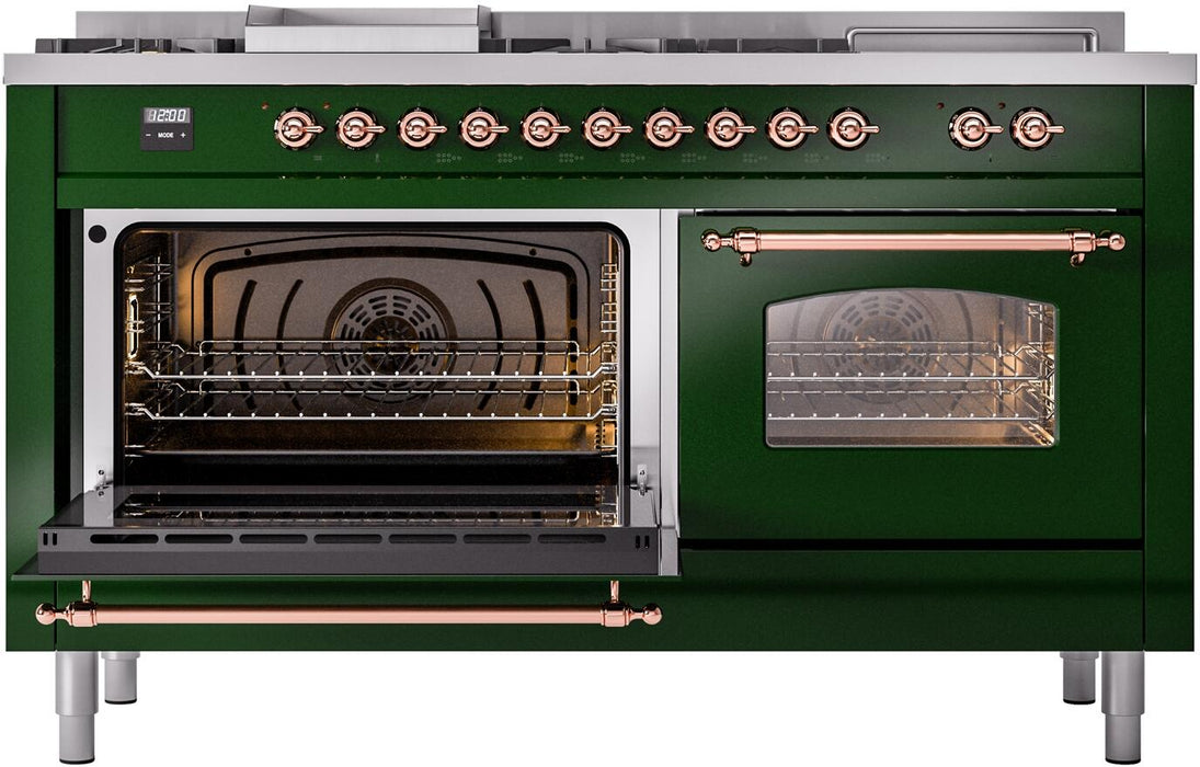 ILVE Nostalgie II 60" Dual Fuel Natural Gas Range, Emerald Green, Copper Trim UP60FSNMPEGP