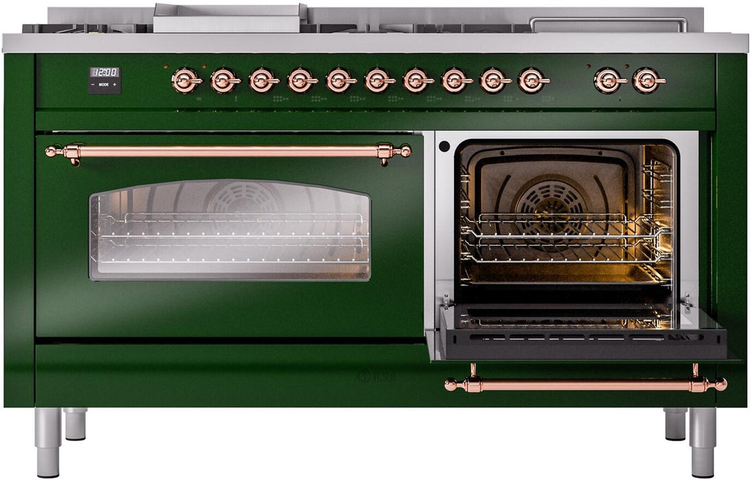 ILVE Nostalgie II 60" Dual Fuel Natural Gas Range, Emerald Green, Copper Trim UP60FSNMPEGP