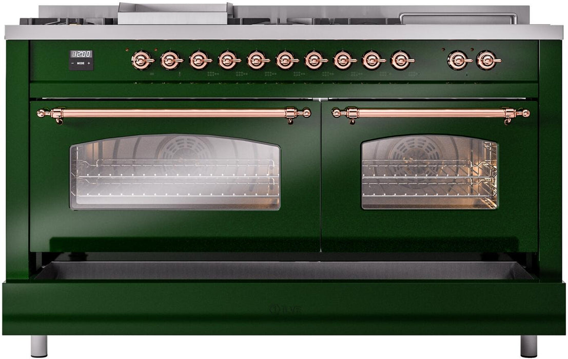 ILVE Nostalgie II 60" Dual Fuel Natural Gas Range, Emerald Green, Copper Trim UP60FSNMPEGP