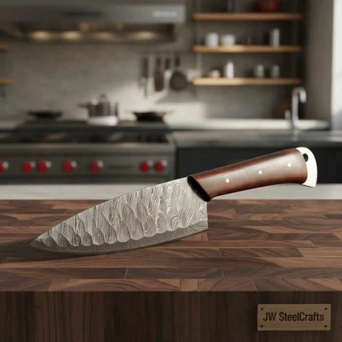 7 Inch Hammered Damascus Chef Knife – Hand Forged with Rosewood Handle