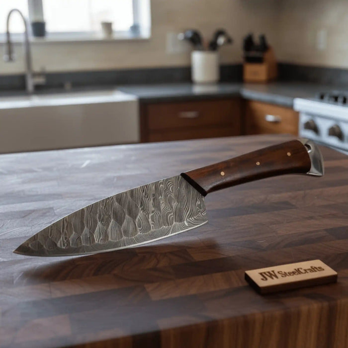 7 Inch Hammered Damascus Chef Knife – Hand Forged with Rosewood Handle