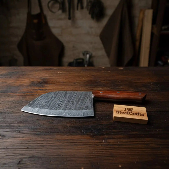 12-Inch Serbian Damascus Cleaver — Rosewood Handle & Leather Sheath