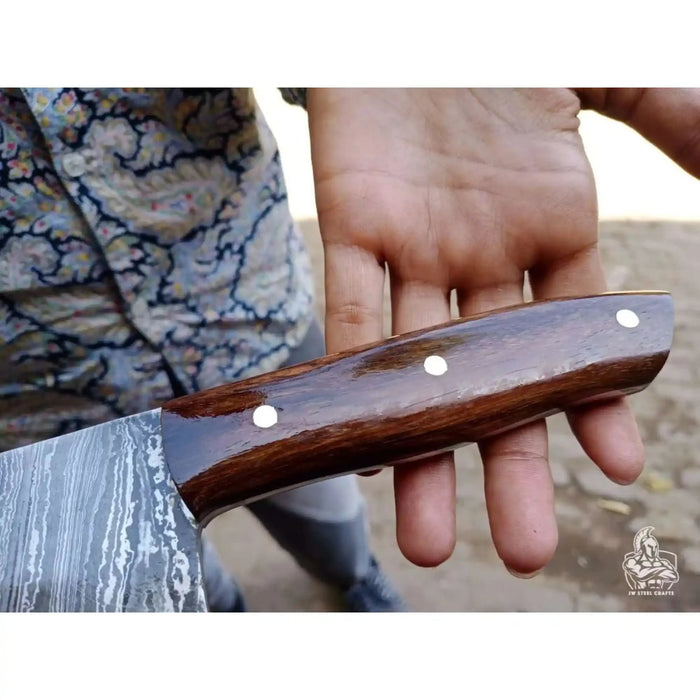 12-Inch Serbian Damascus Cleaver — Rosewood Handle & Leather Sheath