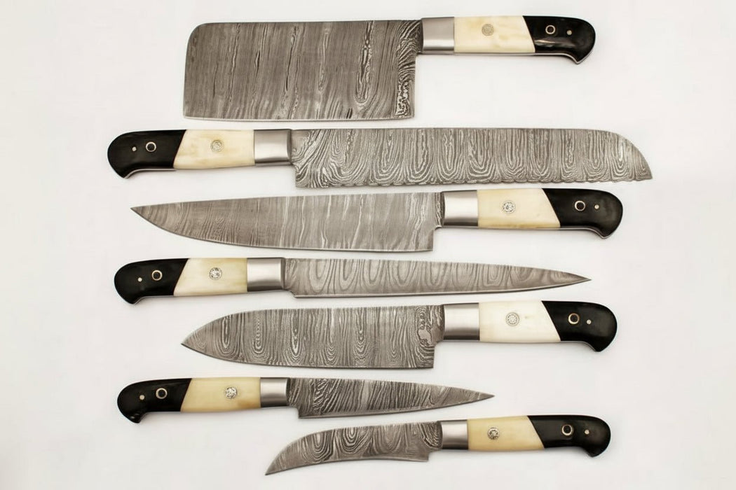 7-Piece Damascus Kitchen Knife Set — Chef, Cleaver, Bread, Santoku, Utility & Paring Knives with White Bone and Black Resin Handles