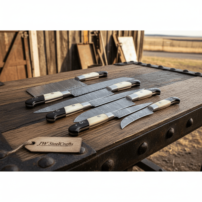 7-Piece Damascus Kitchen Knife Set — Chef, Cleaver, Bread, Santoku, Utility & Paring Knives with White Bone and Black Resin Handles
