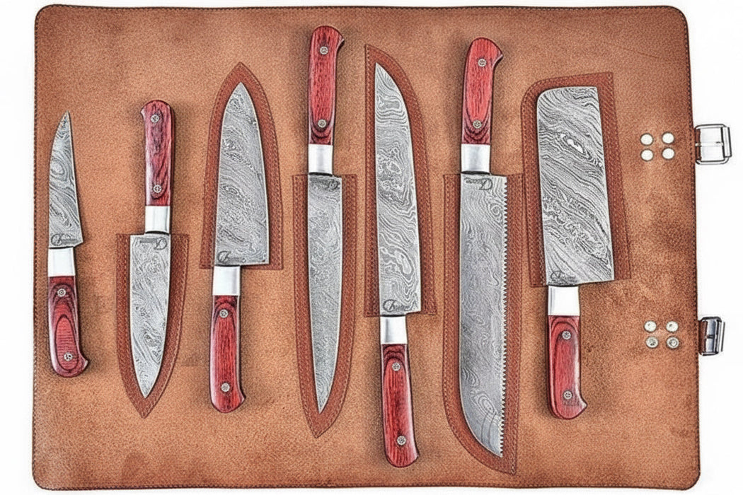 7-Piece Damascus Kitchen Knife Set - Complete Essential Blade Collection with Leather Roll