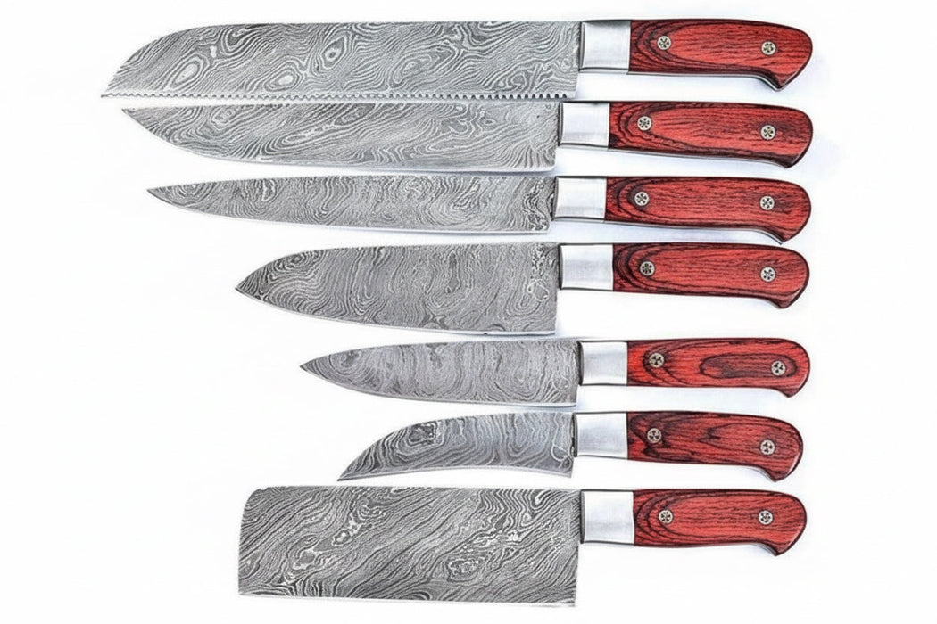 7-Piece Damascus Kitchen Knife Set - Complete Essential Blade Collection with Leather Roll